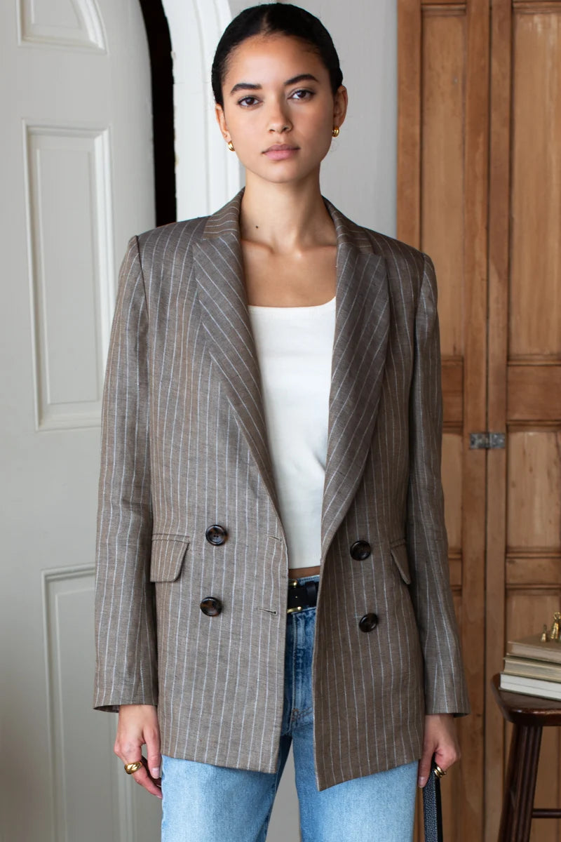 Emerson Fry Longsleeve Lee Jacket - Chamois Pinstripe Linen