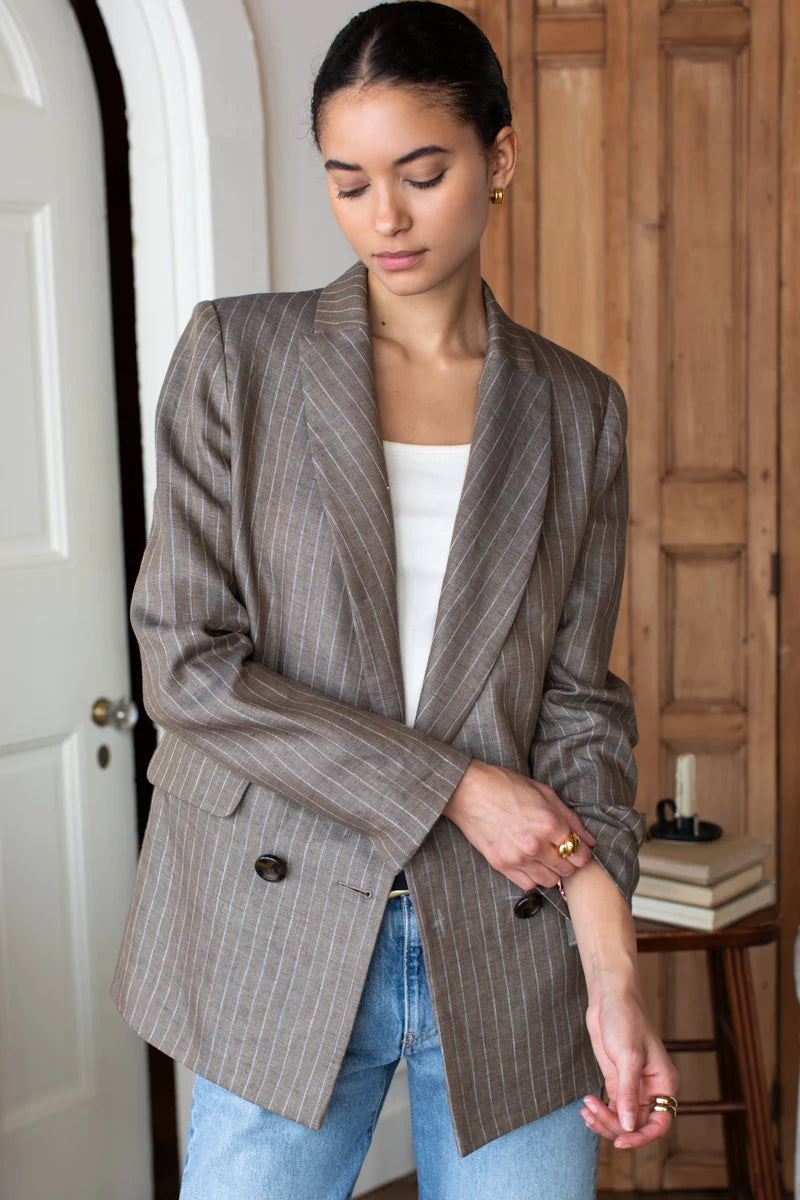 Emerson Fry Longsleeve Lee Jacket - Chamois Pinstripe Linen