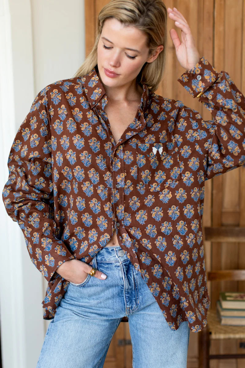 Emerson Fry Ryan Shirt - Library Flowers Cocoa Organic