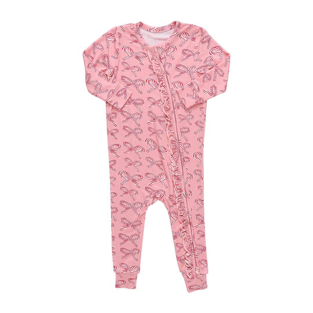 Pink Chicken Baby Ruffle Bamboo Romper - Candy Cane Bows