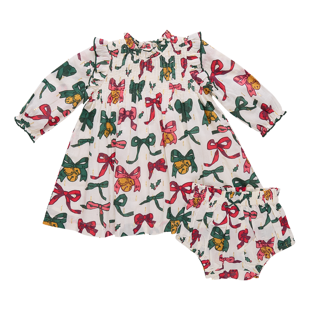 Pink Chicken Baby Girls Jaipur Dress Set - Christmas Bells + Bows