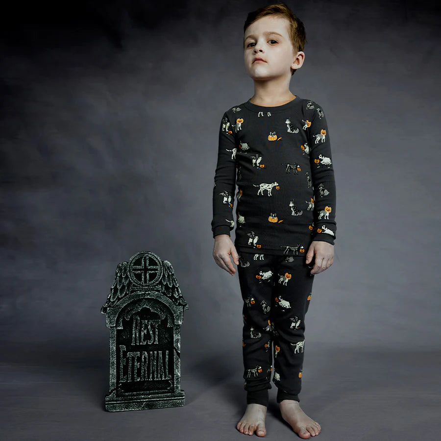 Petit Lem Howl-oween Print on Asphalt PJ Set