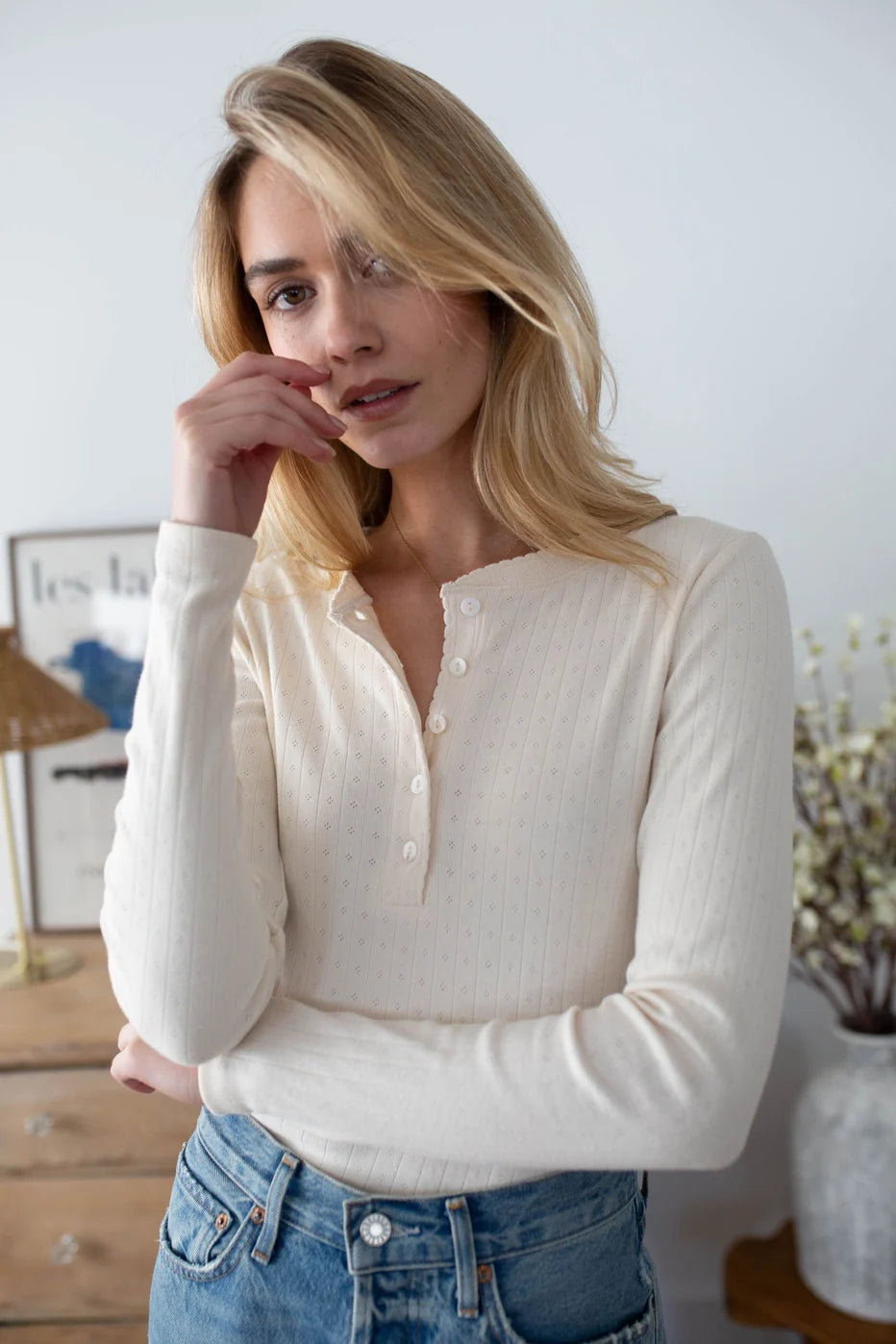 Marea Pointelle Long Sleeve Henley - Ivory