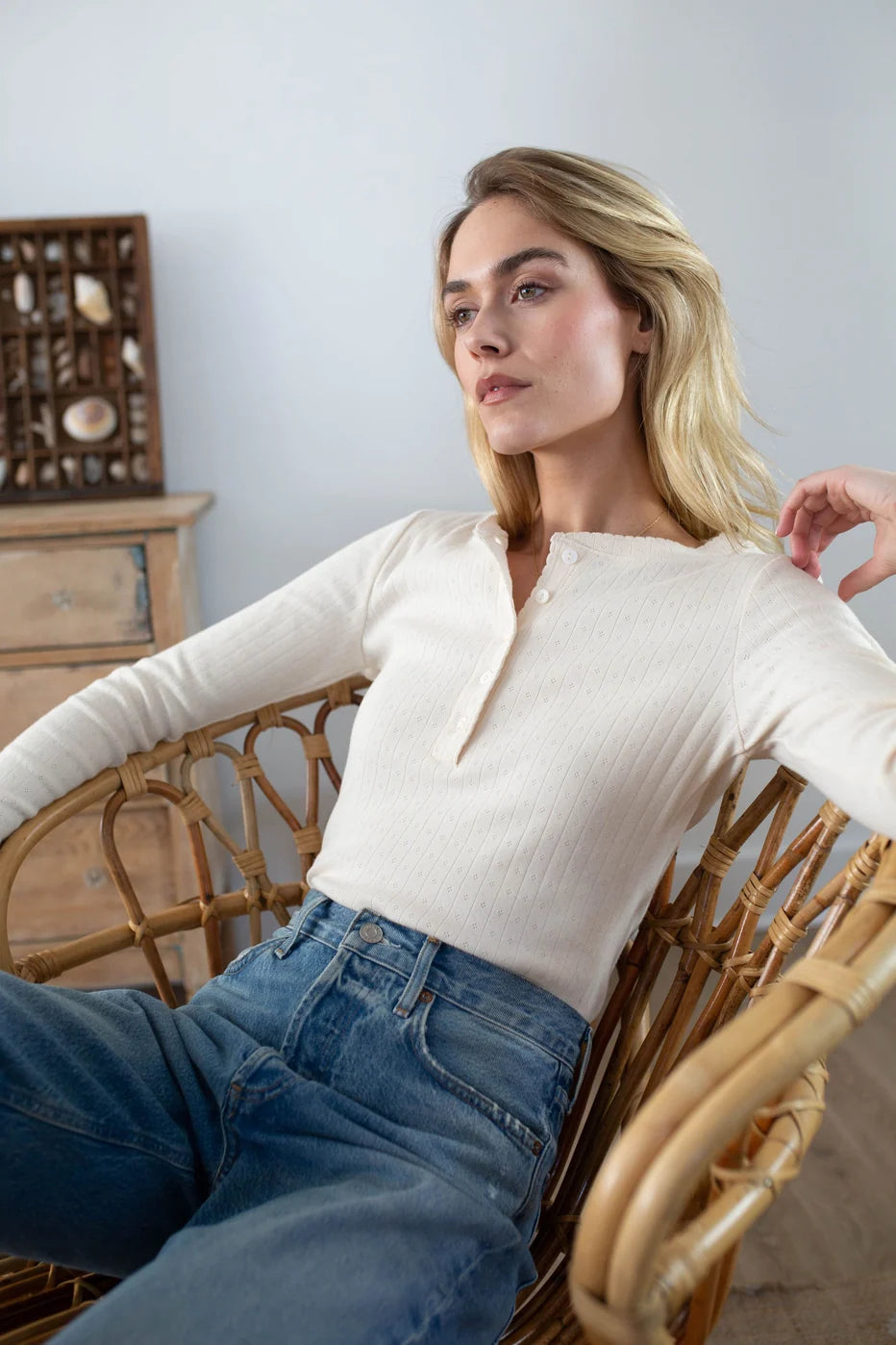 Marea Pointelle Long Sleeve Henley - Ivory