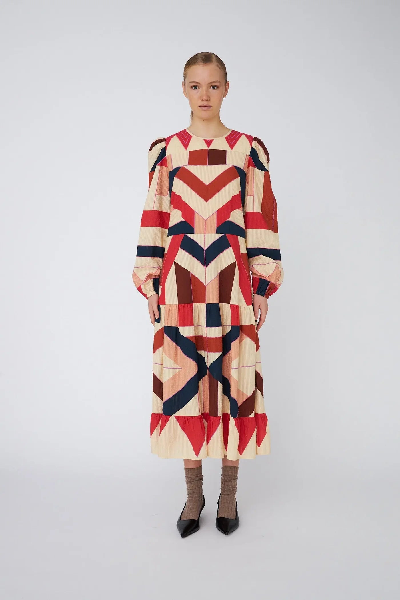 Stella Nova Patchwork Cotton Midi Dress - Red Mix