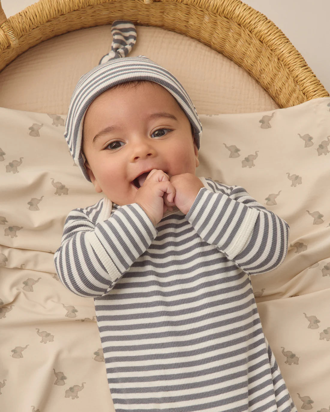 Quincy Mae Knotted Baby Gown + Hat Set - Ocean Stripe
