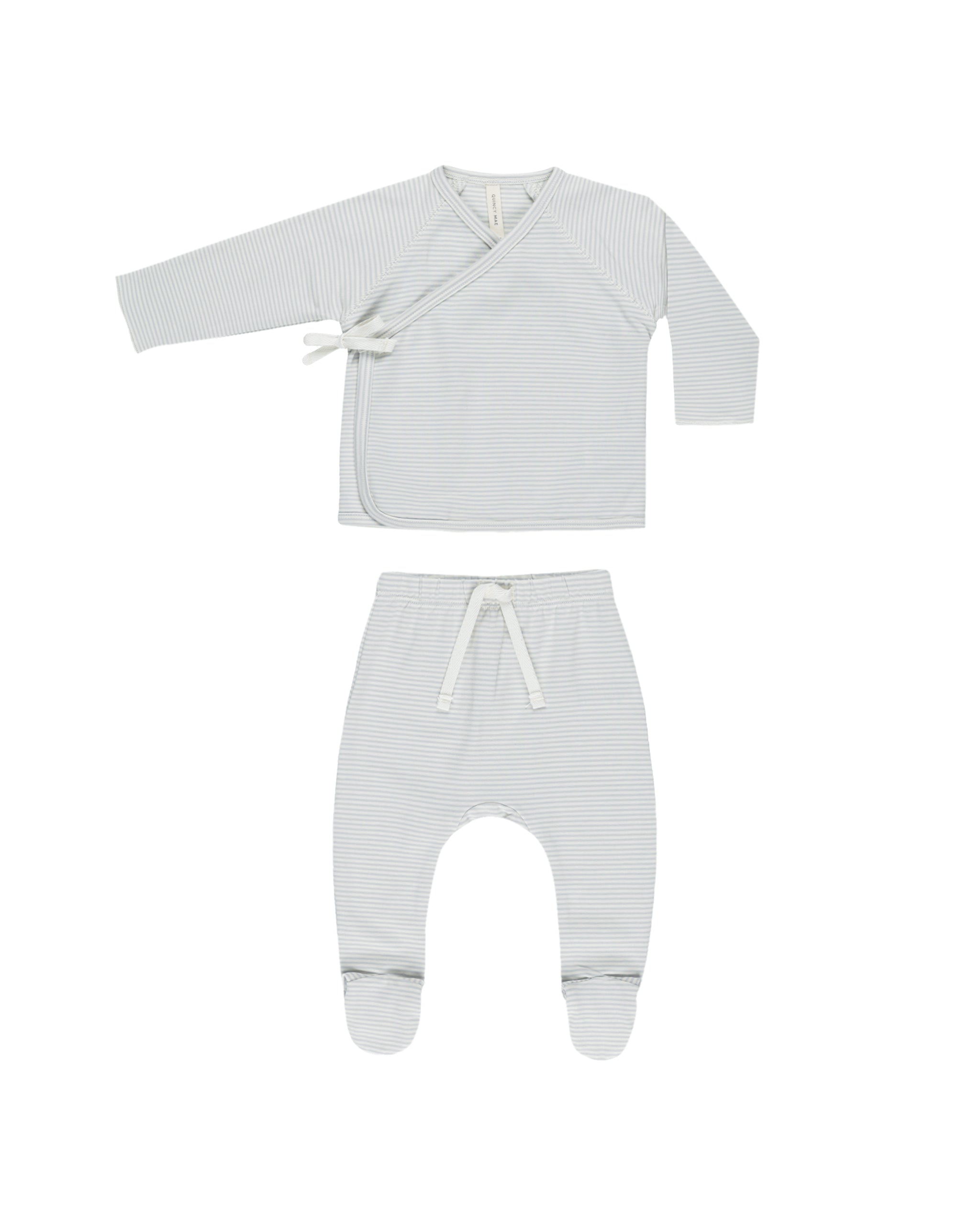 Quincy Mae Wrap Top + Footed Pant Set - Sky Micro Stripe