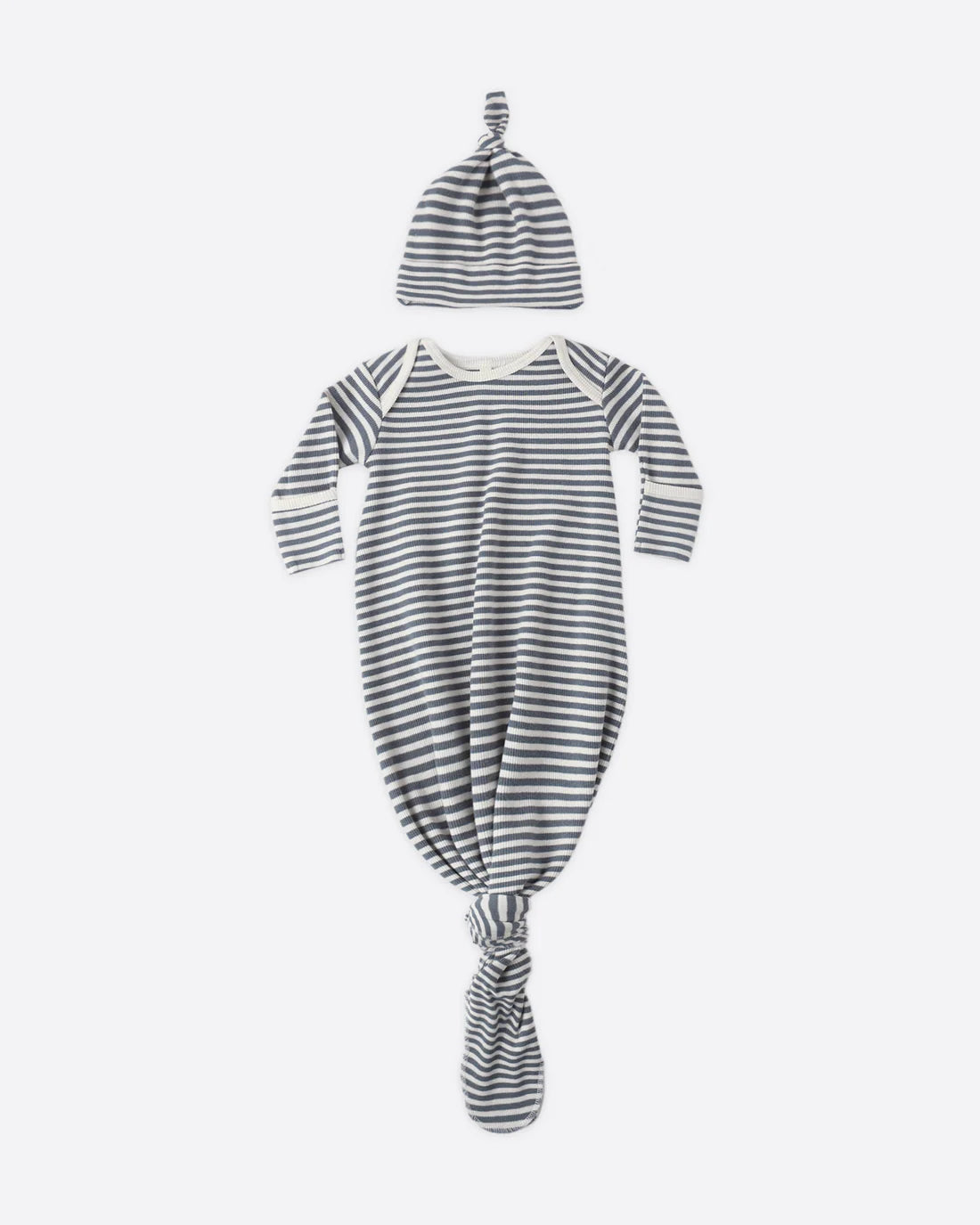 Quincy Mae Knotted Baby Gown + Hat Set - Ocean Stripe