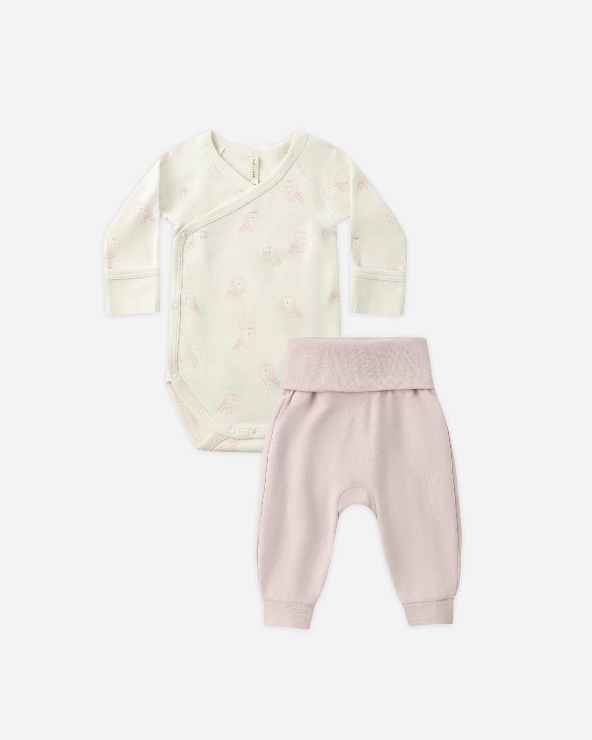 Quincy Mae Side Snap Bodysuit + Pant Set - Snow Owl