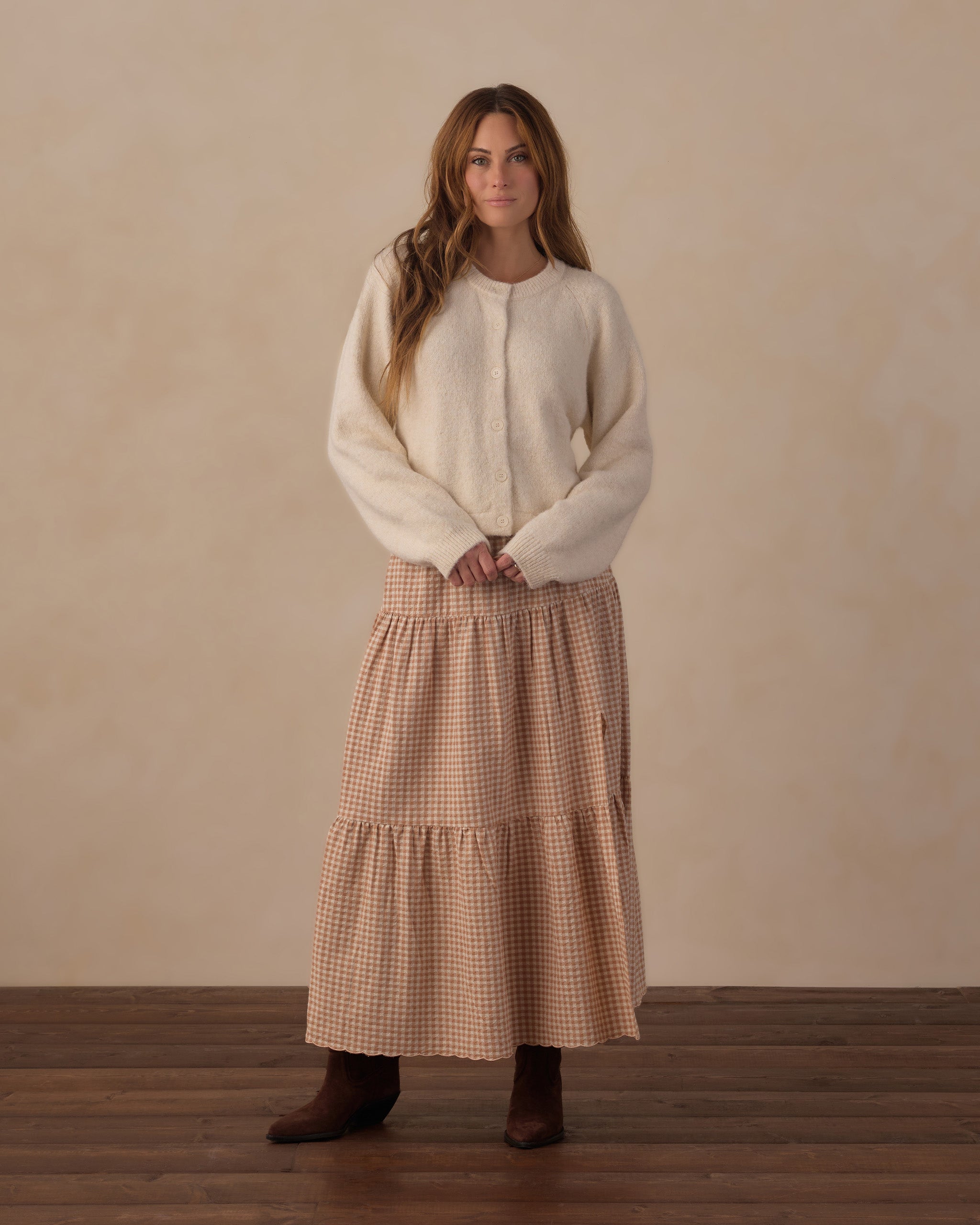 Rylee + Cru Women's Tiered Midi Skirt - Fawn Gingham