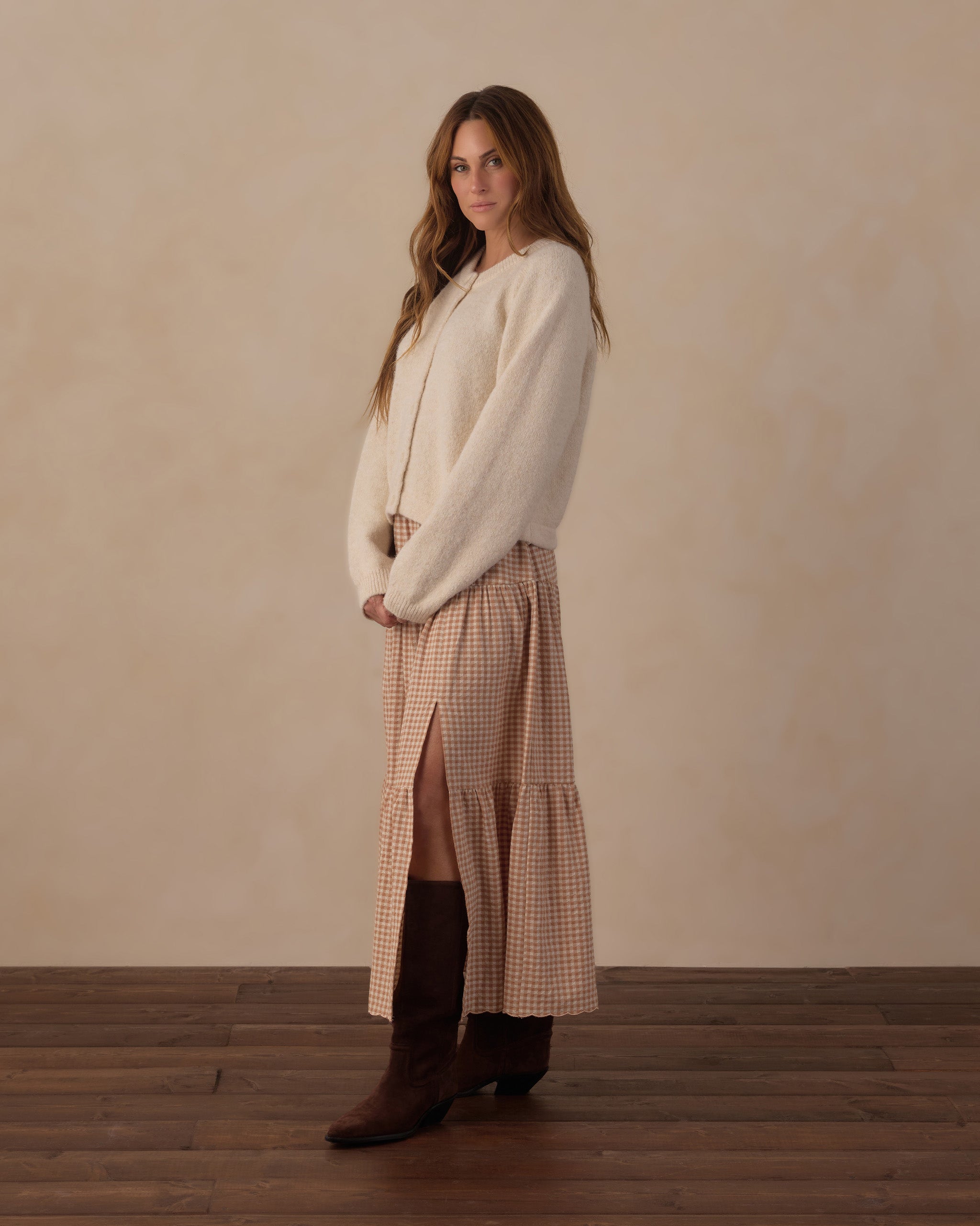 Rylee + Cru Women's Tiered Midi Skirt - Fawn Gingham