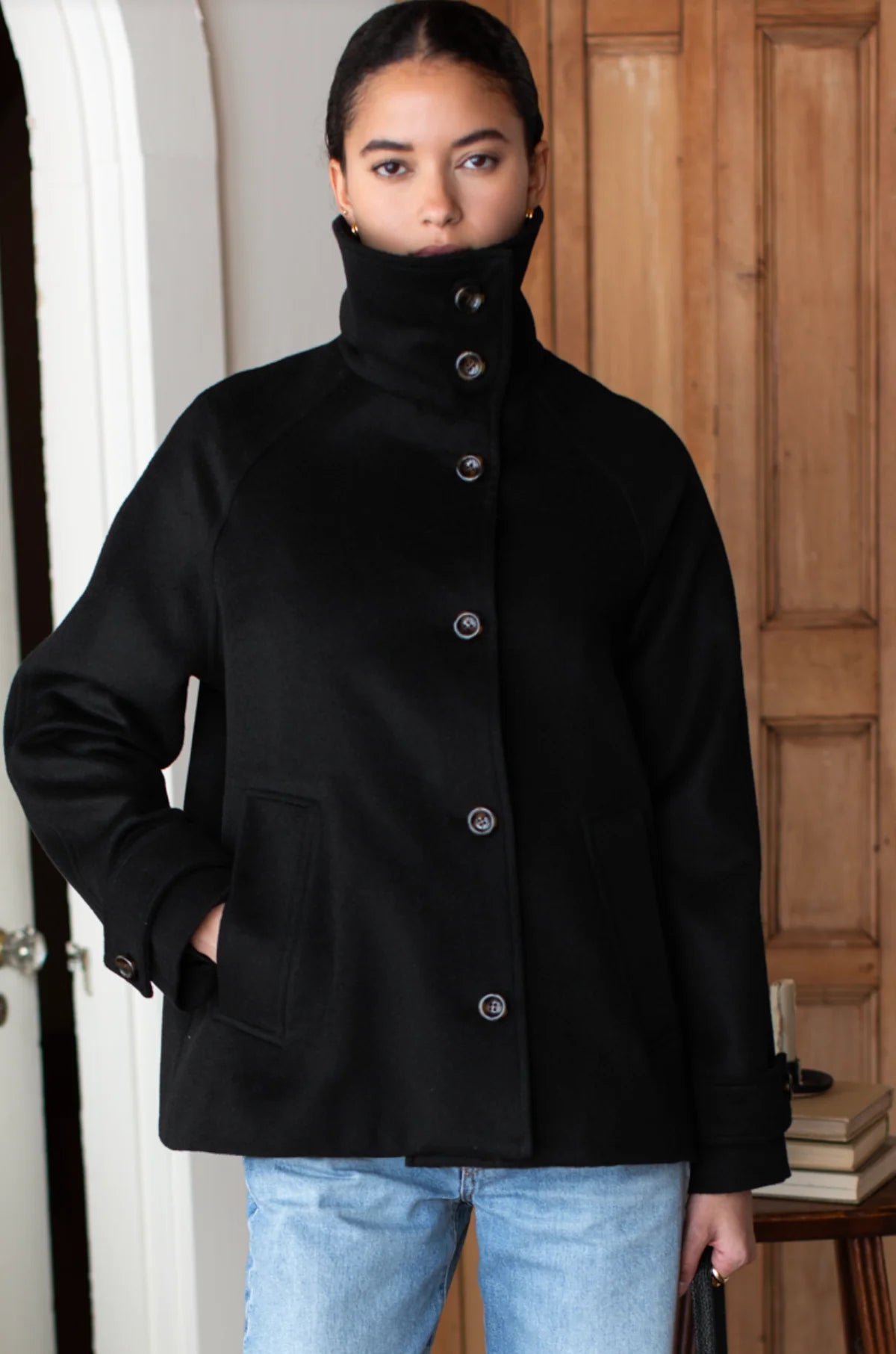Emerson Fry Funnel Neck Coat - Black Wool