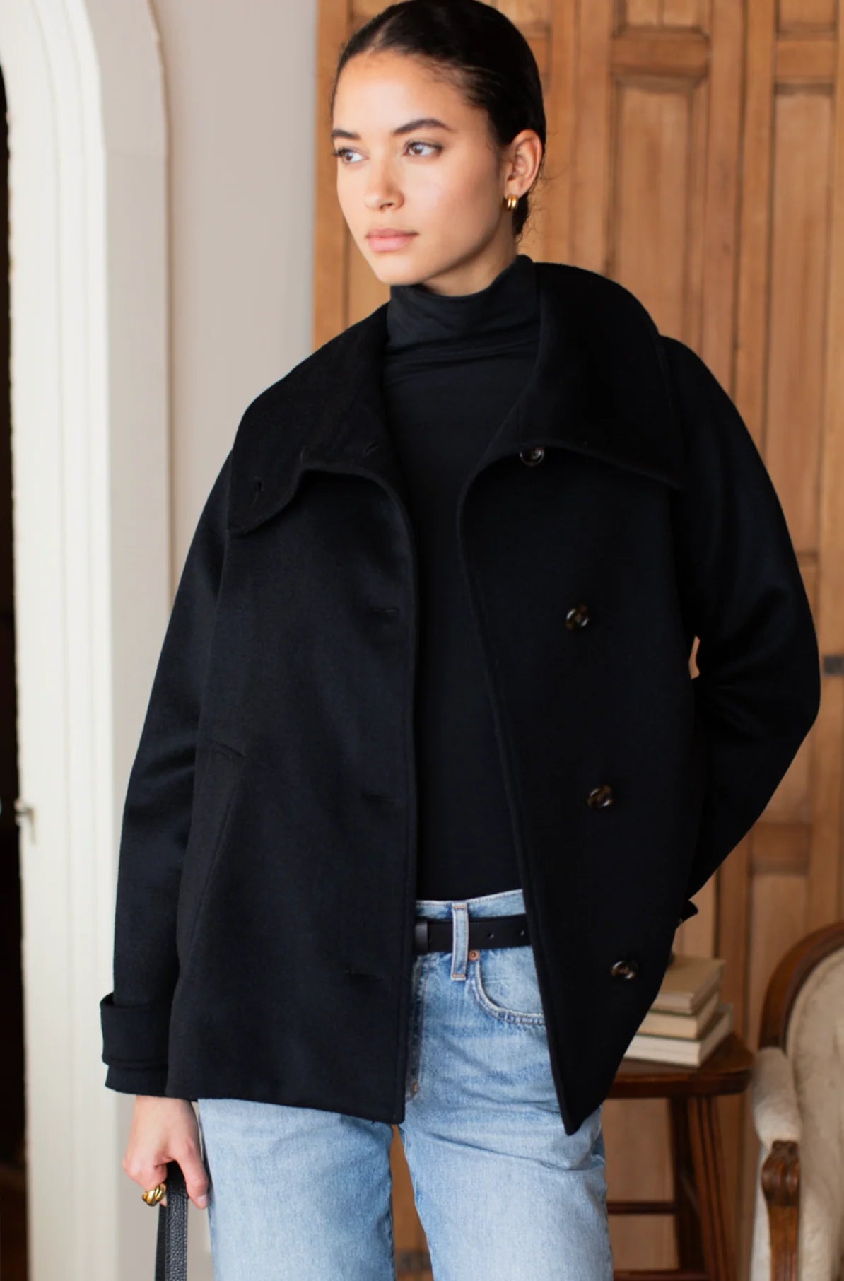 Emerson Fry Funnel Neck Coat - Black Wool