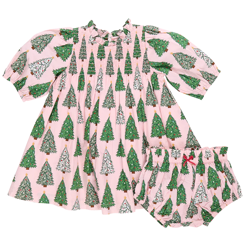 Pink Chicken Baby Girls Stevie Puff Sleeve Dress Set - Pink Trees