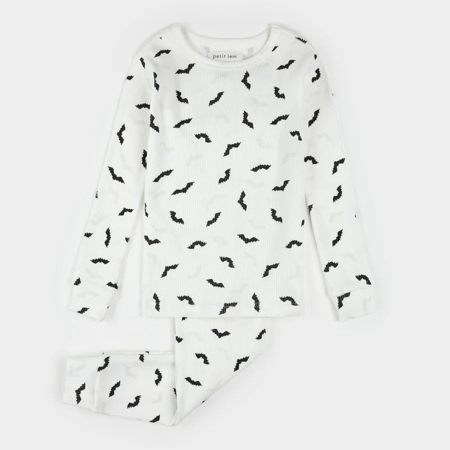 Petit Lem Bats Glow in the Dark Print on Off-White PJ Set