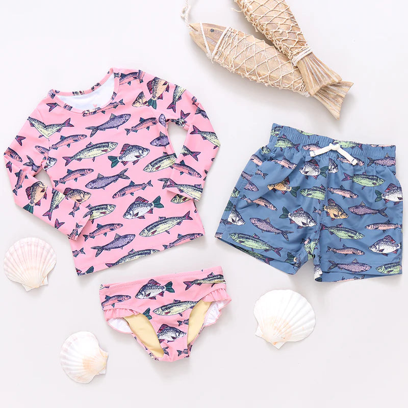 Pink Chicken Girls Rash Guard Set - Pink Multi Fishies