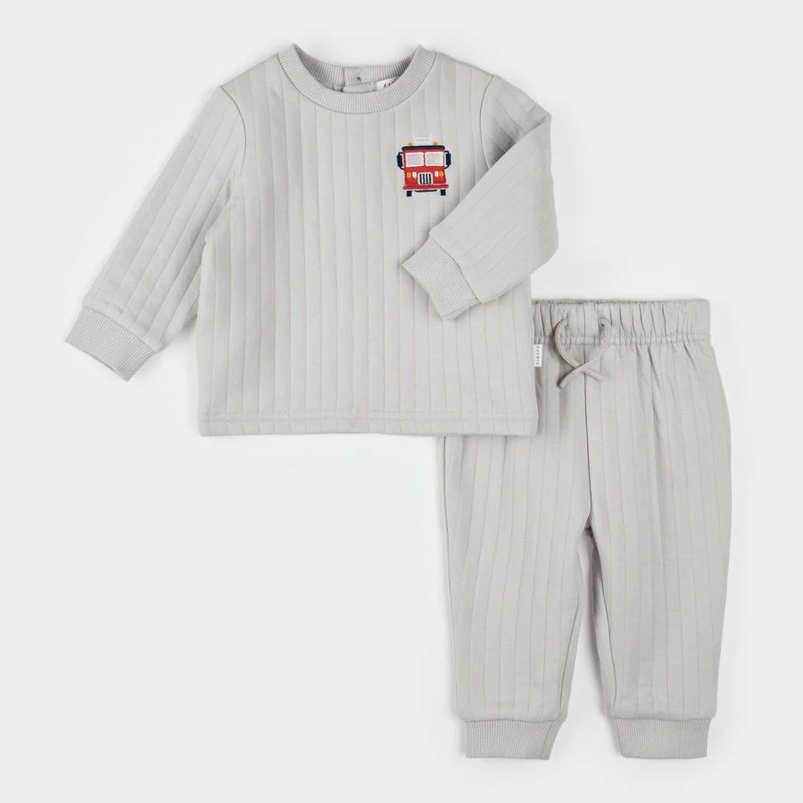 Petit Lem Quilted Jersey Set - Fire Truck on Grey