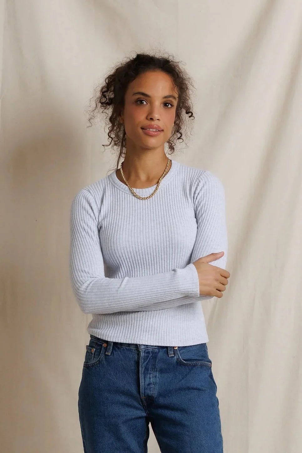 perfectwhitetee Flora Sweater Rib Crew Neck Long Sleeve - Heather Grey