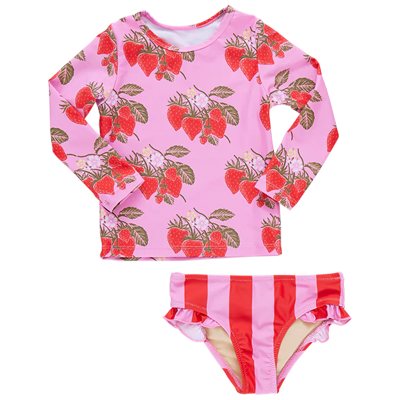 Pink Chicken Girls Rash Guard Set - Pink Wild Strawberries