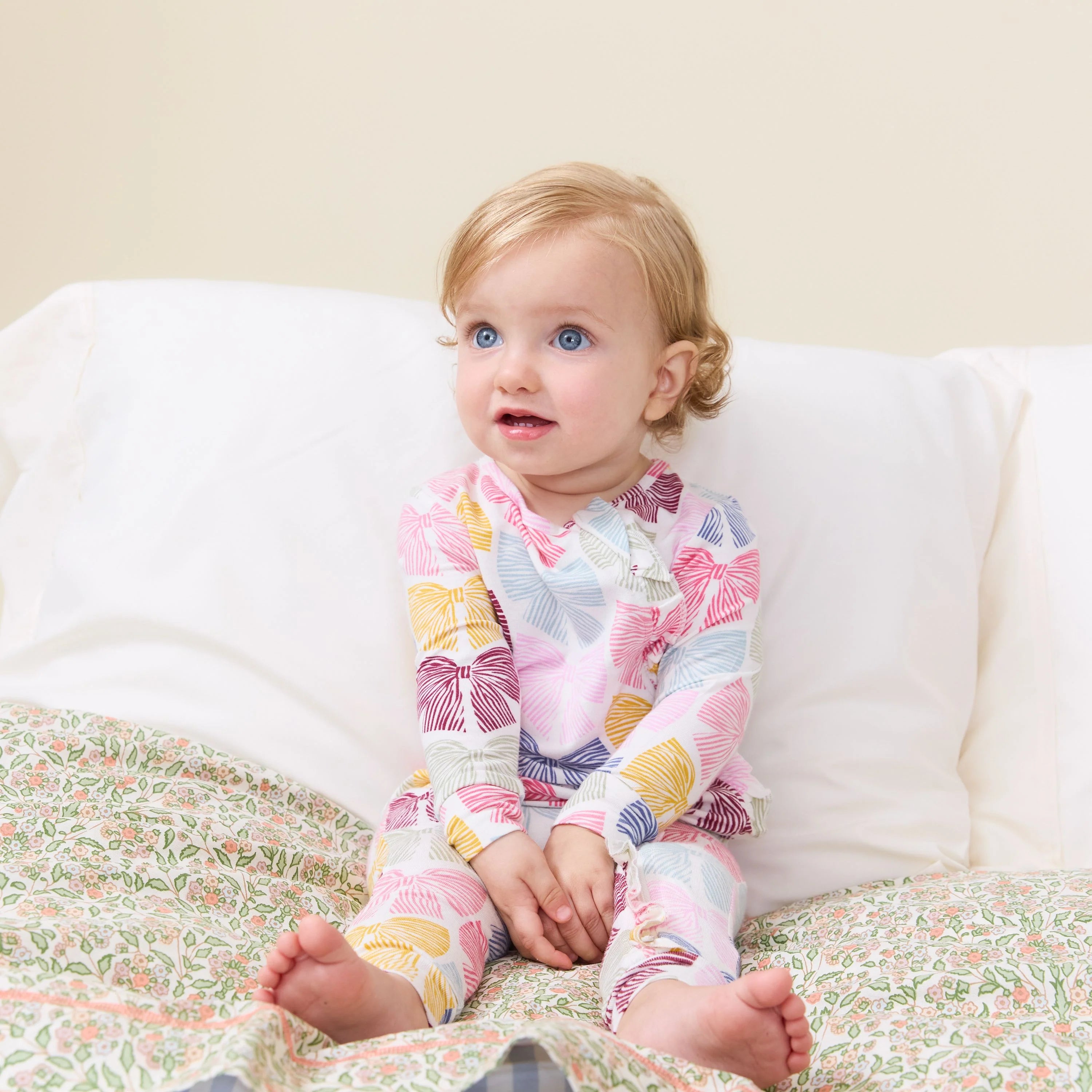 Pink Chicken Baby Girls Ruffle Bamboo Romper - Bright Multi Bows