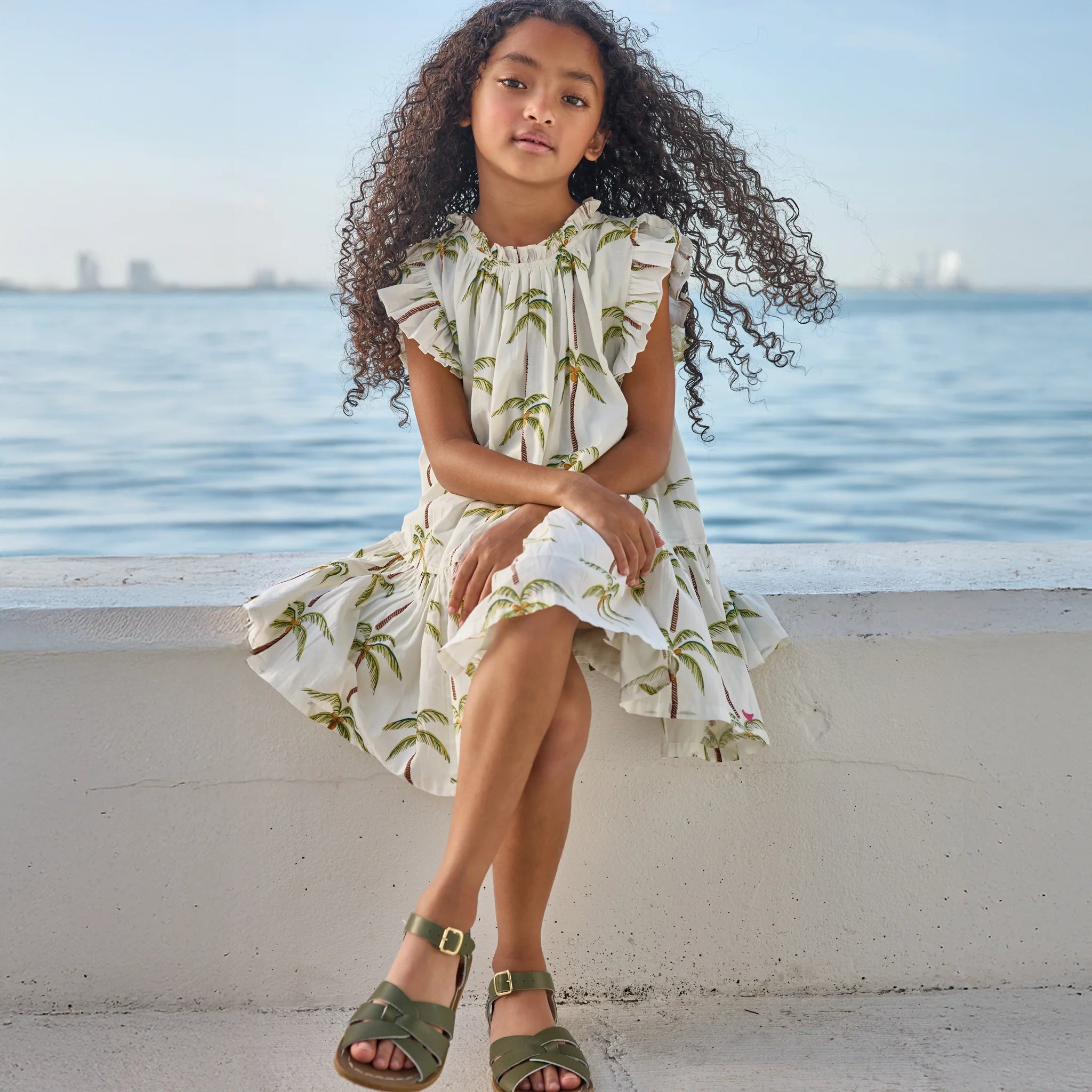 Pink Chicken Girls Harper Dress - Cream Palm Trees