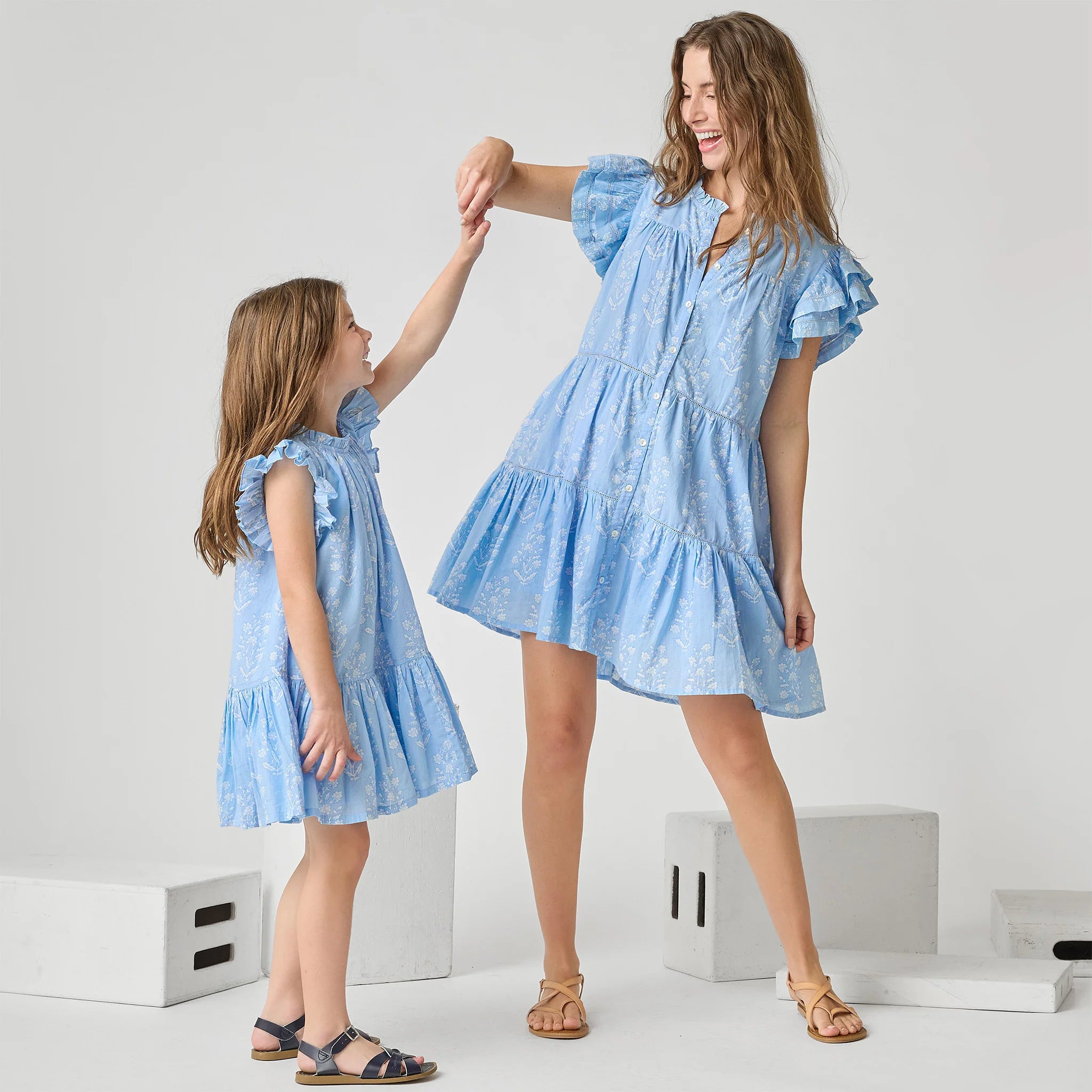 Pink Chicken Women's Kalani Ruffle Dress - Blue Dewdrop Block Print