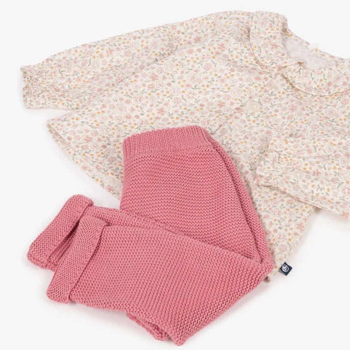 Petit Bateau Baby Girl Two-Piece Set - Floral Blouse + Knit Pants