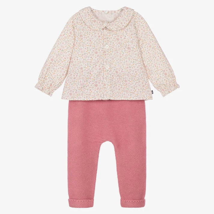 Petit Bateau Baby Girl Two-Piece Set - Floral Blouse + Knit Pants