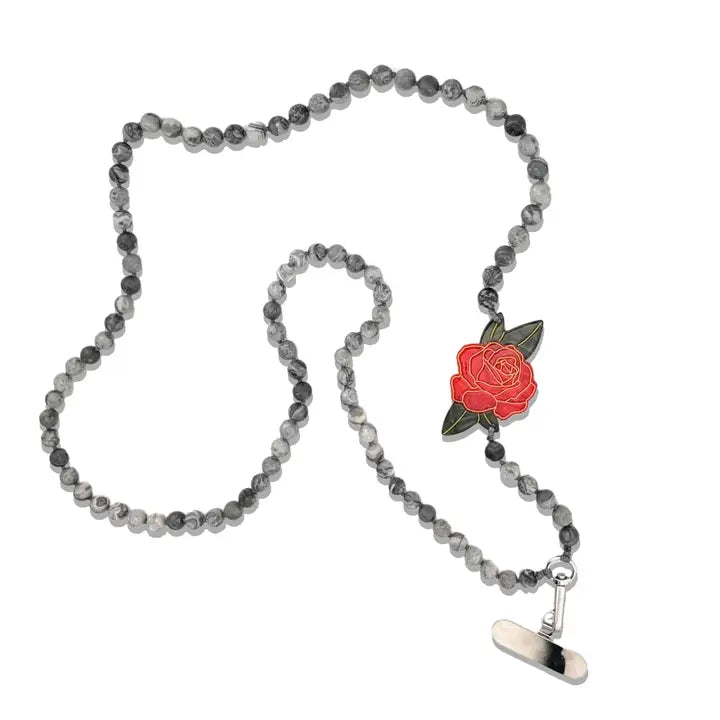 Hand-Painted Red Rose Gemstone Crossbody Phone Chain