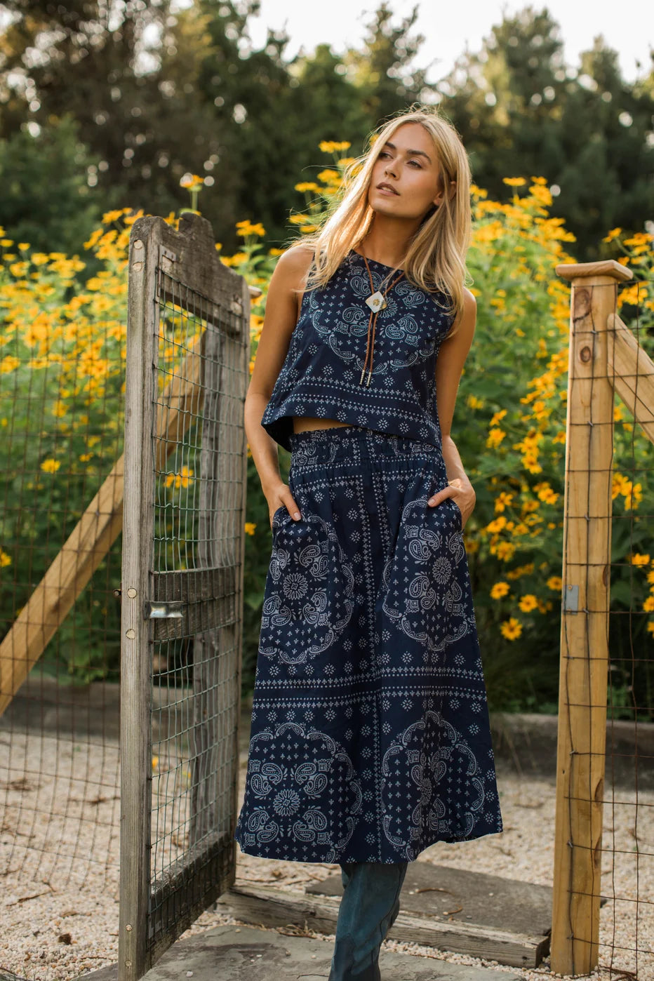 Marea Lydia Cotton Midi Skirt - Navy Bandana