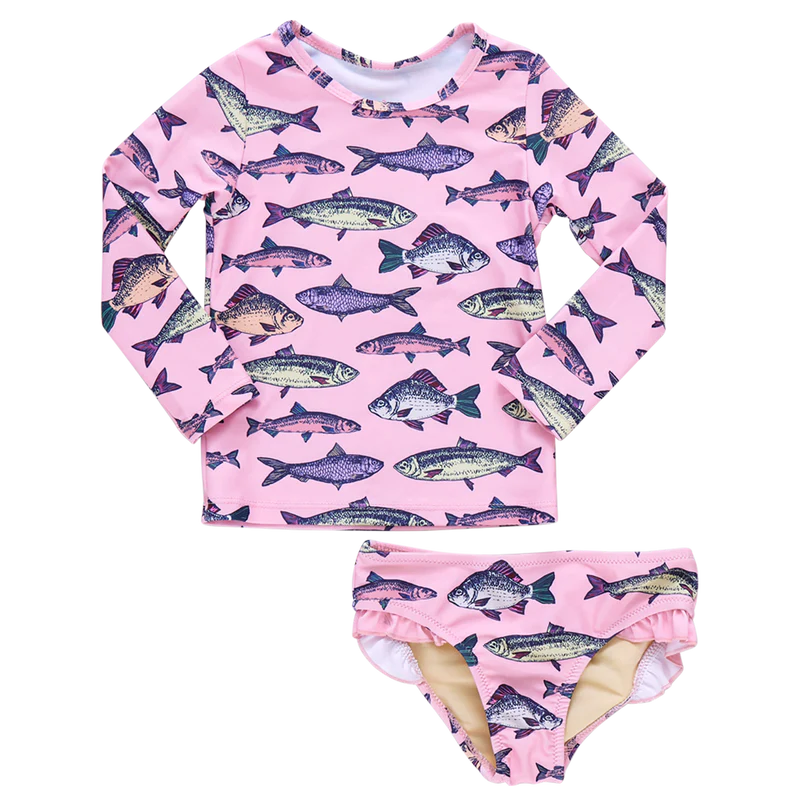 Pink Chicken Girls Rash Guard Set - Pink Multi Fishies