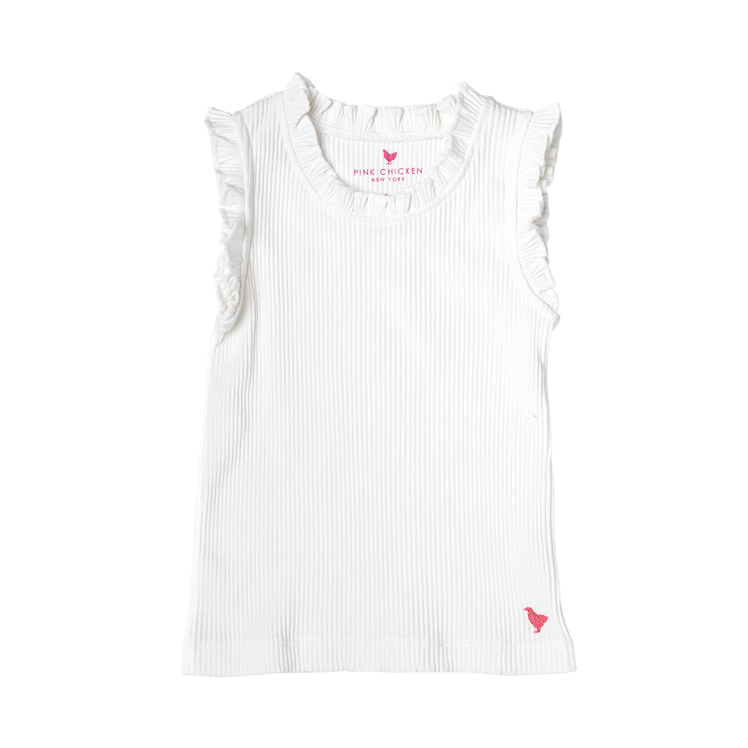 Pink Chicken Girls Organic Ruffle Rib Tank - White